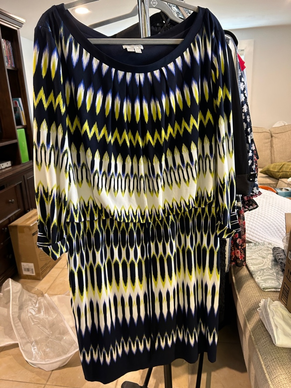 Navy, Yellow & White Patterned Shift Dress